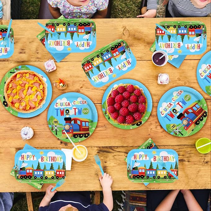 96 Pcs Train 2nd Birthday Party Decorations Chugga Chugga Two Two Plates and Napkins Disposable Railroad Transportation Tableware Set for Kids Train Theme 2 Year Old Birthday Party Supplies Serves 24