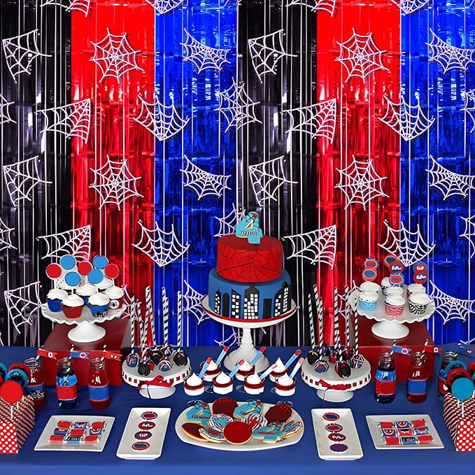 Spider Web Birthday Decorations, 2 Pack Spider Party Supplies 3.3x6.6ft Tinsel Foil Fringe Curtains, Red Black, and Blue Photo Booth Prop Backdrop Streamer, Birthday Decor, Party Decor for Boys