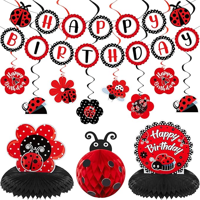 Ladybug Fancy Birthday Party Decoration Kit Cute Ladybug Birthday Banner Ladybugs Honeycomb Centerpiece Hanging Swirls Decoration for Girls Baby Shower Party Supplies