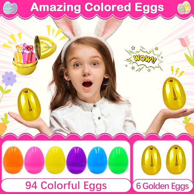 100 PCS 3" Large Plastic Easter Eggs with 6 Golden Eggs, Empty Fillable Colorful Eggs for Kids Easter Egg Hunt Classroom Prizes Basket Stuffers Easter Party Favors