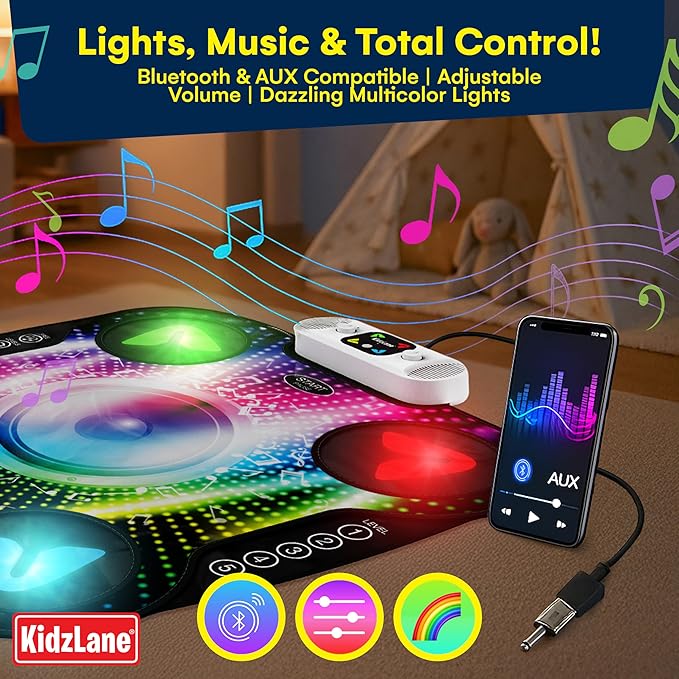 Kidzlane Light Up DJ Dance Mat for Kids - Bluetooth & AUX Compatible - 3 Fun Arcade Games - Adjustable Volume - Detachable Top Mats with Discoball & Speaker Motives - Durable Plastic - Multi-Color