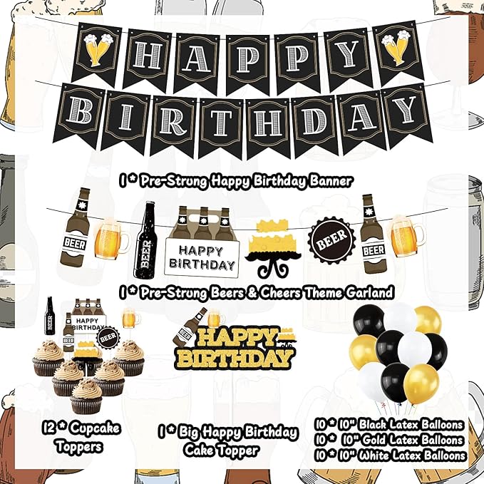 Beer Birthday Party Decorations, Cheers and Beers Happy Birthday Party Banner Balloons Decorations Aged to Perfection Party Supplies for Men 30th 40th 50th Beer Birthdays Party Decorations