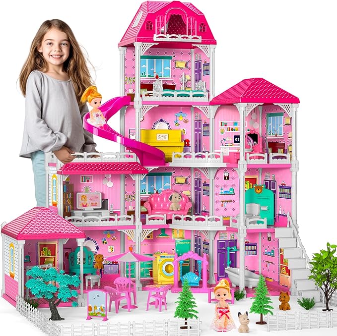 Doloowee Dolls House for Girls Toys, 4 Stories 10 Rooms Dollshouse with 2 Princesses Slide Accessories, Playset for Toddler Playhouse Gift for for 3 4 5 6 7 8+ Year Old Girls Toys