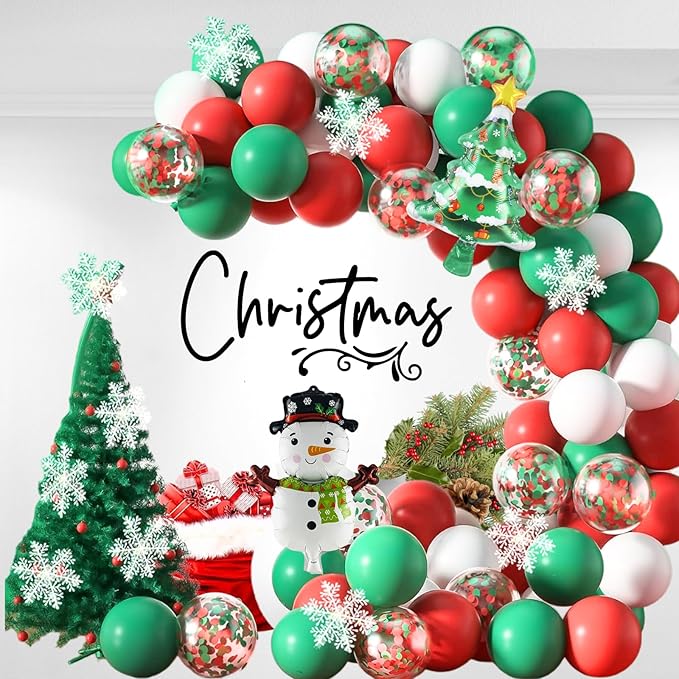 Christmas Balloon Garland Arch Kit Red Green White Latex Balloons Red Green Confetti Balloon with Mini Snowman Christmas Tree Foil Balloons for Xmas New Year Party Decortaion Supplies