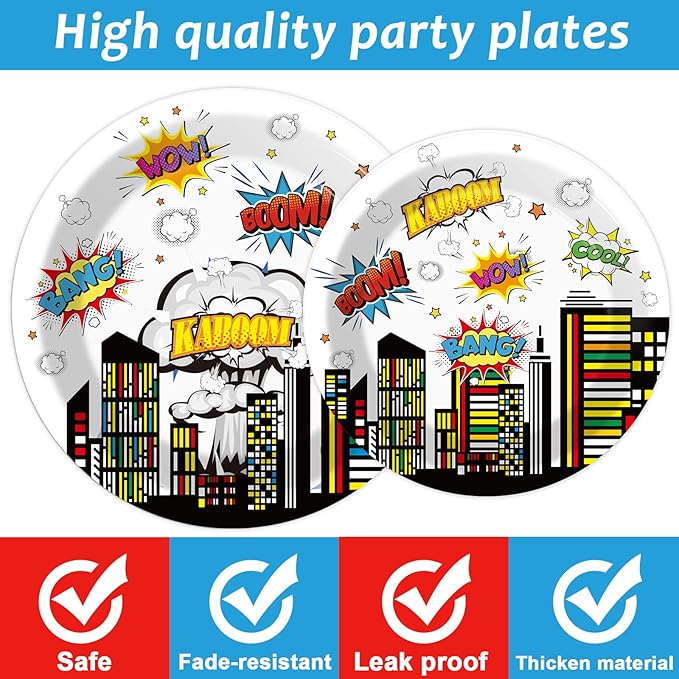 96 PCS Super Theme Hero Party Plates Napkins Hero Themed Party Tableware Hero Action Sign Disposable Paper Plates Napkins Happy Birthday Party Decorations Supplies Favors for 24 Guests