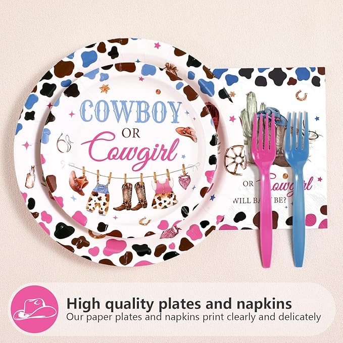 Grencian 96Pcs Western Gender Reveal Decorations Cowboy or Cowgirl Gender Reveal Plates and Napkins Boy or Girl Paper Tableware for Western Rodeo Cowboy or Cowgirl Baby Shower Decorations, Serves 24