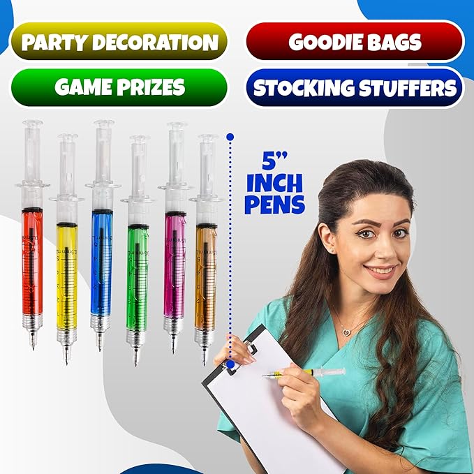 Bedwina Syringe Pens - (Bulk Pack of 12) Retractable Fun Multi Color Novelty Pen for Nurses, Nursing Student School Supplies, Birthdays, Stocking Stuffers and Toy Party Favor Gifts