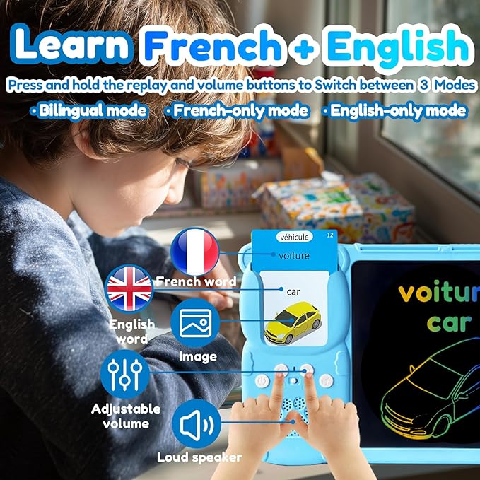 Drawing Tablet with Bilingual Flashcards for Kids - French English Talking Flash Cards, LCD Writing Pad Board, Pocket Speech for Toddlers, Learning Toy Gift for Boys Girls (French, Blue)