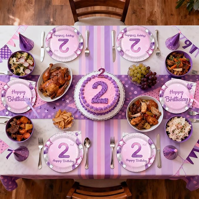 96Pcs Pink Purple 2nd Birthday Party Decorations Pastel 2nd Birthday Plates and Napkins Tableware Sets Pink Star Decorations Favors for Girls Baby Two Year Old Party Supplies Serves 24