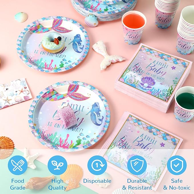 200 Pcs Mermaid Baby Shower Paper Plates Napkins Cups Under the Sea Baby Shower Party Supplies Tableware Set Purple Green Disposable Cup Napkin for 50 Guest Girls Spring Party Decoration