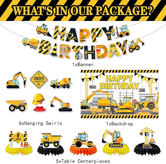 Construction Birthday Party Supplies & Decorations Kit with Excavator Banner, Backdrop, Hanging Swirls, Honeycomb Centerpieces for Kids Boys