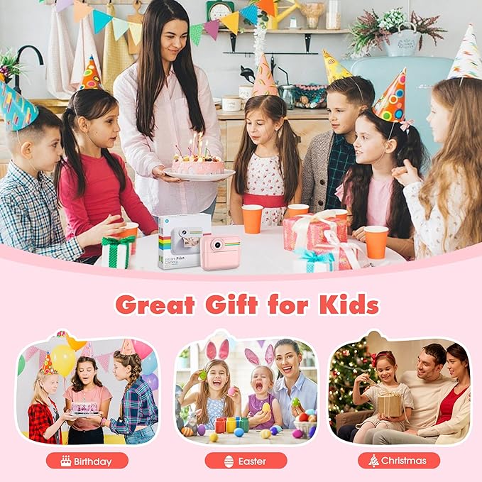 Kids Camera Instant Photo Printing,HD Digital Video dual Cameras for Toddler,Kids Digital Camera That Print Photos Christmas Birthday Gifts for Boys and Girls with 32GB SD & 3 Rolls Print Paper (Pink)