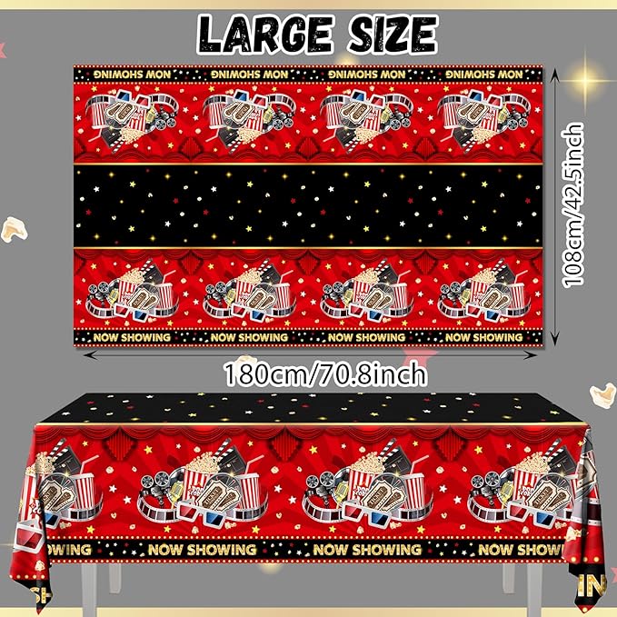 Movie Night Tablecloth,Movie Theme Hollywood Party Decoration 3Pcs Vintage Now Showing Popcorn Tablecloth Drive In Movie Party Table Cover for Movie Theater Party Favors ,Movie Star Birthday Supplies