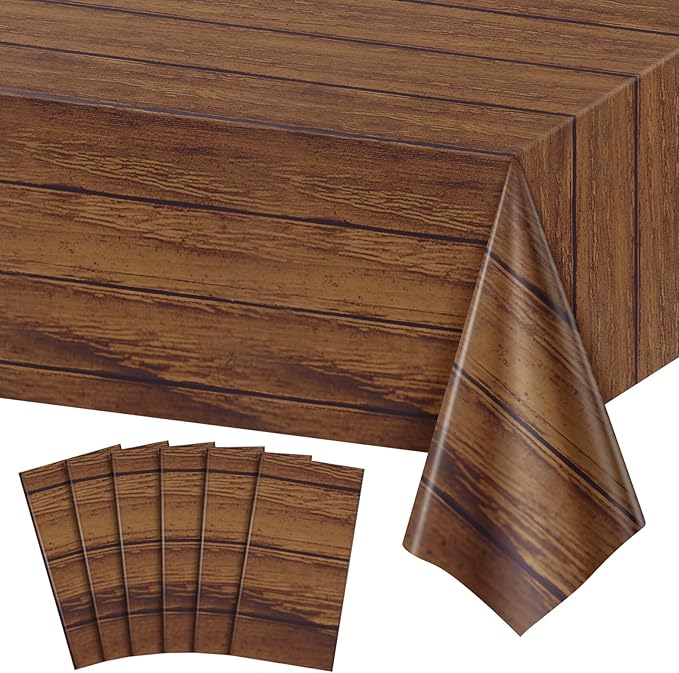 6 Pack Wood Grain Plastic Tablecloth, 54 X 108Inch Rustic Wood Table Covers for Rectangle Table Disposable Vintage Farmhouse Tablecloths for Cowboy Western Barn Birthday Baby Shower Party Supplies