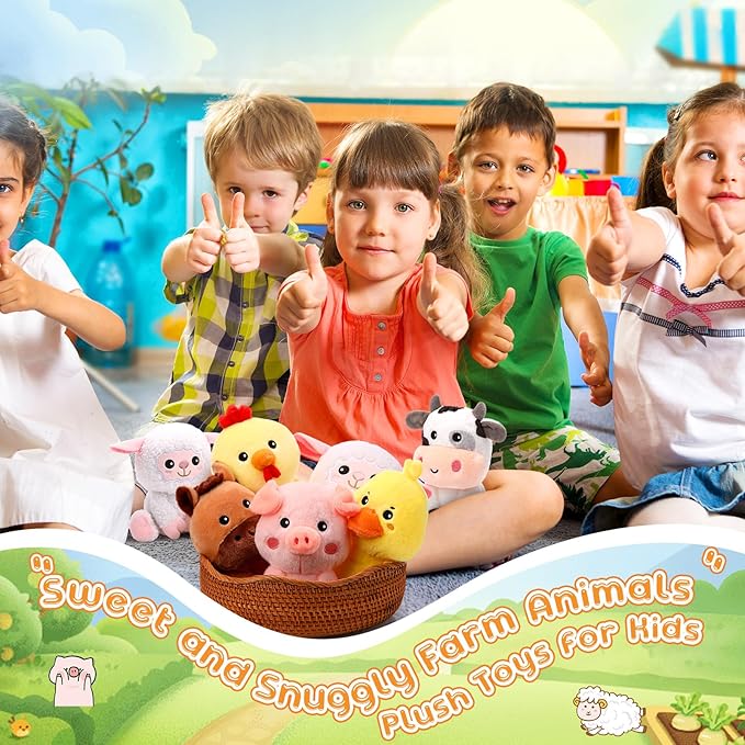 6 Pcs Farm Animals Toys 7 Inch Horse Sheep Cow Duck Chick Pig Large Stuffed Animals Bulk for Woodland Baby Showers Party Decor Birthday Gifts Classroom Teacher Student Awards