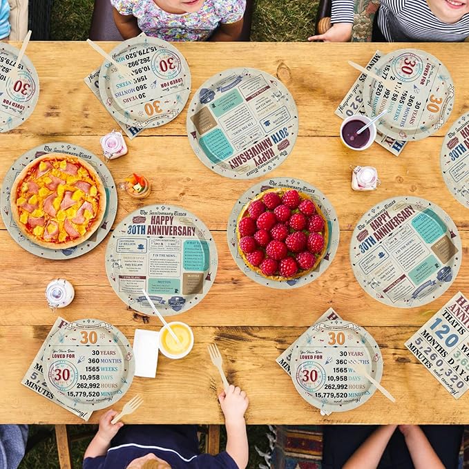 96Pcs 30th Anniversary Party Decorations Retro 30 Years Wedding Aday Plates and Napkins Happy 30th Anniversary Disposable Tableware Set for Vintage 30 Year Wedding Party Supplies Serves 24
