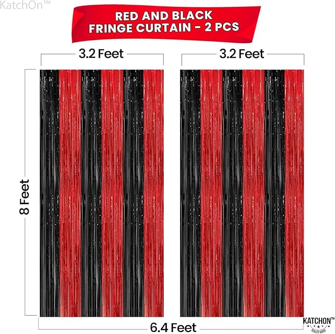 KatchOn Red and Black Fringe Curtain - 6.4x8 Ft Pack of 2 | Red and Black Streamers for Casino Theme Party Decorations | Foil Fringe for Anniversary, Bachelorette, Birthday Decorations