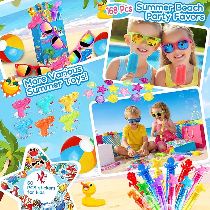 Pool Party Favors and Beach Party Favors 168pcs Summer Party Toys for Kids,Including Beach Balls, Sunglasses, Bubble Wands Party Supplies for Summer Birthday Ages 4-8 8-12