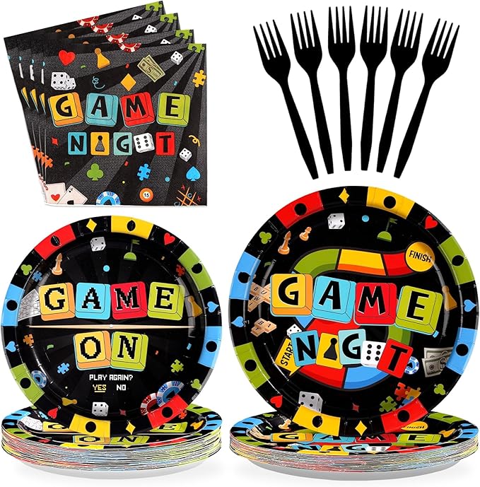 Grencian 96Pcs Game Night Party Supplies Black Family Game Party Decorations Plates and Napkins Disposable Family Gamer Paper Tableware Set for Kids Adults Birthday Games On Favors Serves 24