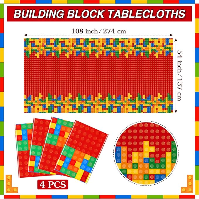 Oudain 4 Pcs Building Block Tablecloths - Colorful Birthday Party Decorations, 54 x 108 Inch Disposable Plastic Brick Table Cover, Waterproof Themed Party Supplies (Red)