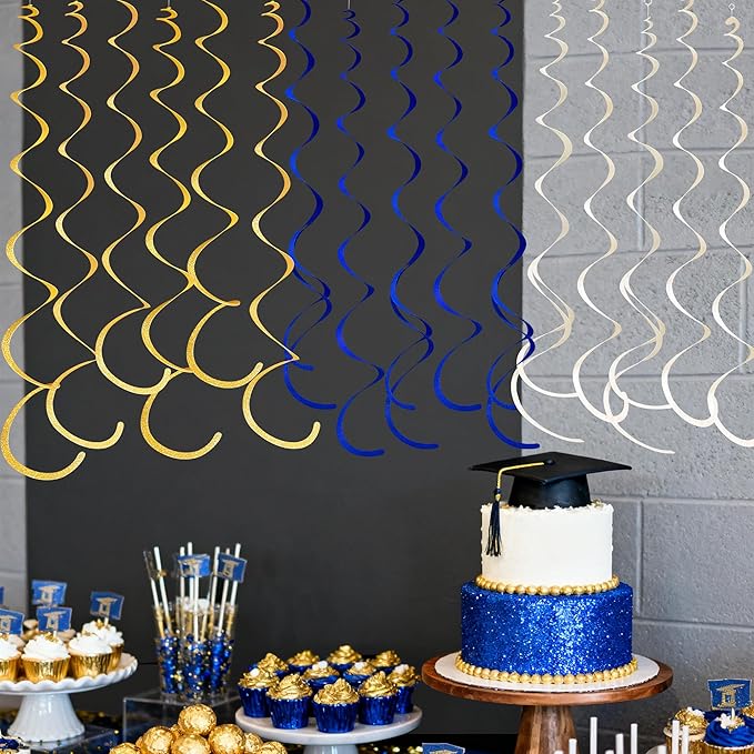 36 Pcs Blue Gold Hanging Swirl Decorations Royal Blue Glitter Gold Beige Felt Swirl Streamer Spiral Ceiling Garland for Birthday Graduation Wedding Baby Shower Retirement Nautical Ahoy Achor Party