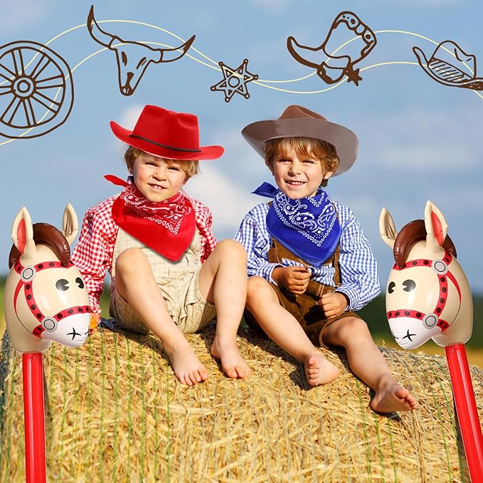 Xtinmee 36 Pcs Cowboy Party Costume Set, Cowboy Hats Paisley Bandanas Inflatable Stick Horses Kids Party Supplies