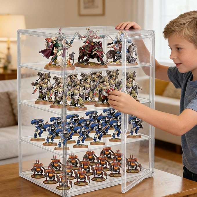 Clear Acrylic Miniature Storage Case with Magnetic Door for Collectibles Stackable Miniature Carrying Case Transport Action Figure Display Case for Warhammer 40k Miniatures, Death Guard 40k