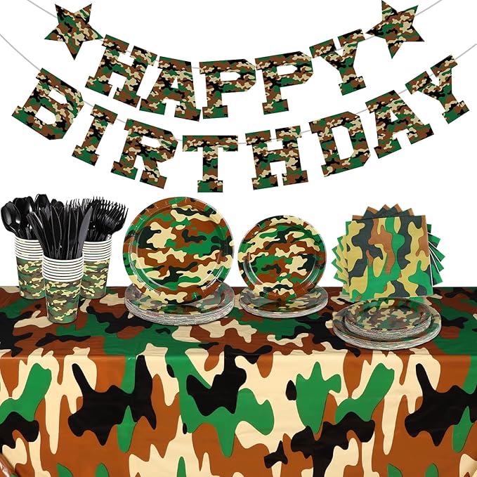 Rtteri 171 Pcs Camo Birthday Party Supplies Serves 24 Camouflage Themed Party Supplies Set with Camo Tablecloth Plates Napkins Cups Tableware Banner for Army Military Birthday Decorations
