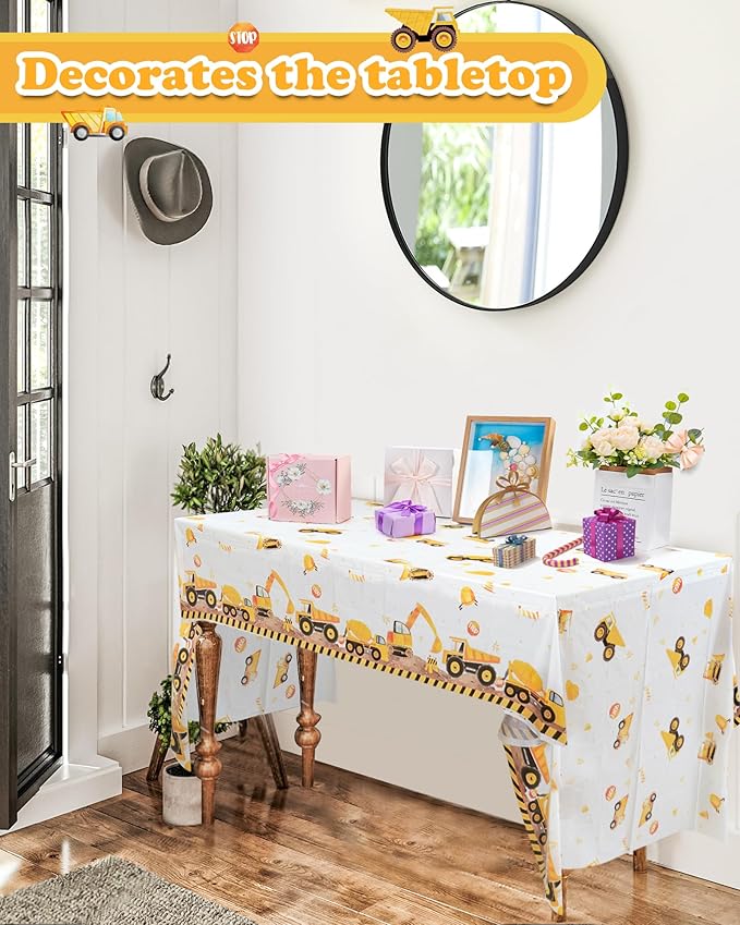 3PCS Construction Plastic Birthday Party Tablecloths,Dump Truck Themed Table Cover for Kids Boy Construction Birthday Party Supplies Tables Decorations, 54 x 108inch