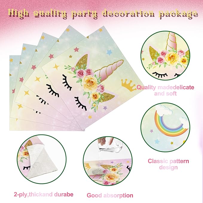 120PCS Unicorn Party Supplies Set, Serves 30 Guests Including Unicorn Paper Plates, Dessert Plates, Napkins, Forks,for Unicorn Themed Birthday Party Decoration, Unicorn Tableware