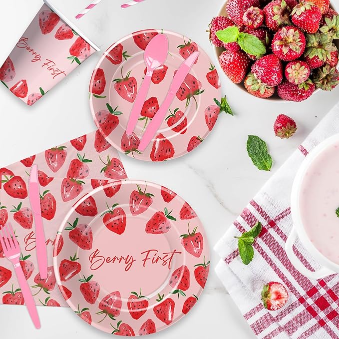 Strawberry Berry First Birthday Party Supplies - Strawberry 1st Birthday Party Decorations Tableware, Plate, Cup, Napkin, Fork, Serve 24