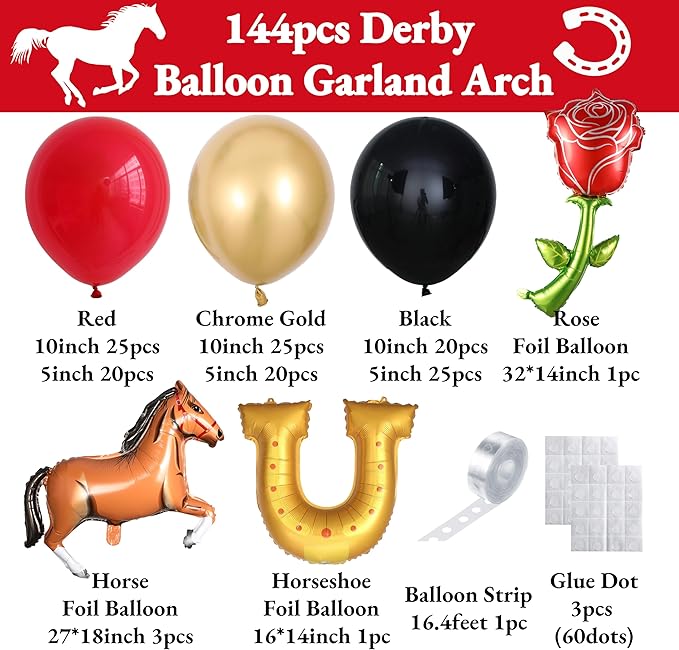 Derby Balloon Garland Arch Kt, 144pcs Red Black Gold Balloons with Rose Horse Horseshoe Foil Balloons for Run for the Rose Kentucky Party Rodeo Birthday Horse Racing Decorations