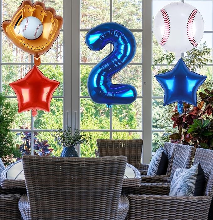 Baseball Balloons 2nd Birthday Decorations for Boys | Baseball Birthday Decoration Sports Theme Party Supplies, 32Inch Foil Mylar Number 2 Balloon Navy Blue Red White Sports Balloon Arch Kits