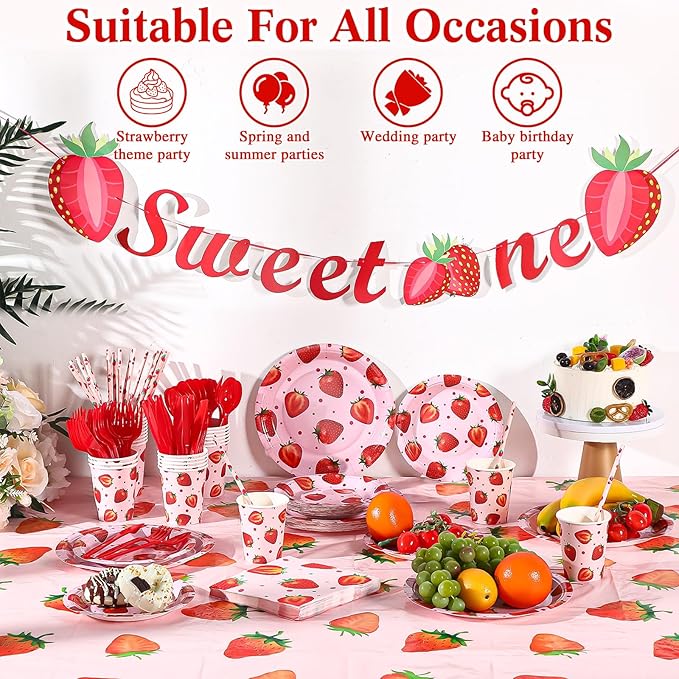 Sawysine 202 Pcs Strawberry Party Supplies Disposable Dinnerware Set 50 Plates 25 Cups 25 Napkins 25 Plastic Forks 25 Knives 25 Spoons 25 Straw Flag Tablecloth to Serve 25 Guests