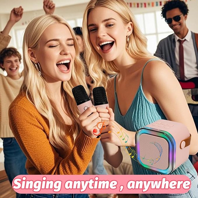 Mini Karaoke Speaker with 2 Wireless Microphones,Voice Effects,Led Lights, Portable Singing Machine for Ages 3,4,5,6,7,8,9,10,11,12+ Years Old Girl Birthday Gift, Kids Karaoke Machine (Pink)
