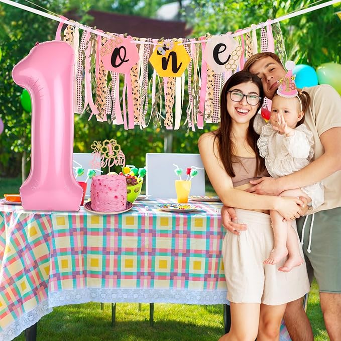 Bee Theme Highchair Banner for Baby First Birthday Party Decorations Pink Happy 1st Bee Day High Chair Tassel Garland for Girls Bumble Bee One Birthday Photo Props Backdrop Decor with Cake Topper
