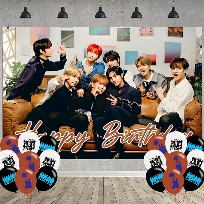 Stray Kids Birthday Party Decoration, Photo Background 5 x 3 FT, 18 Pcs Balloons,Music Merch Party Backdrop Supplies