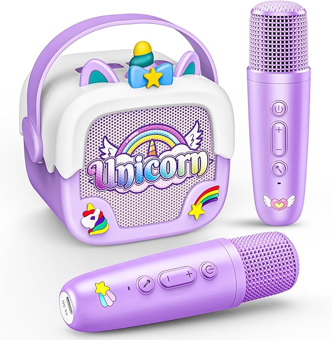 Mini Karaoke Machine for Kids Girls: Unicorn Portable Bluetooth Speakers with 2 Wireless Mic Toys for Girls Age 4-6 7 8 9 Years Old Girl Easter Birthday Gifts for 5 6 7 8 9 10 11 Years Teens Purple