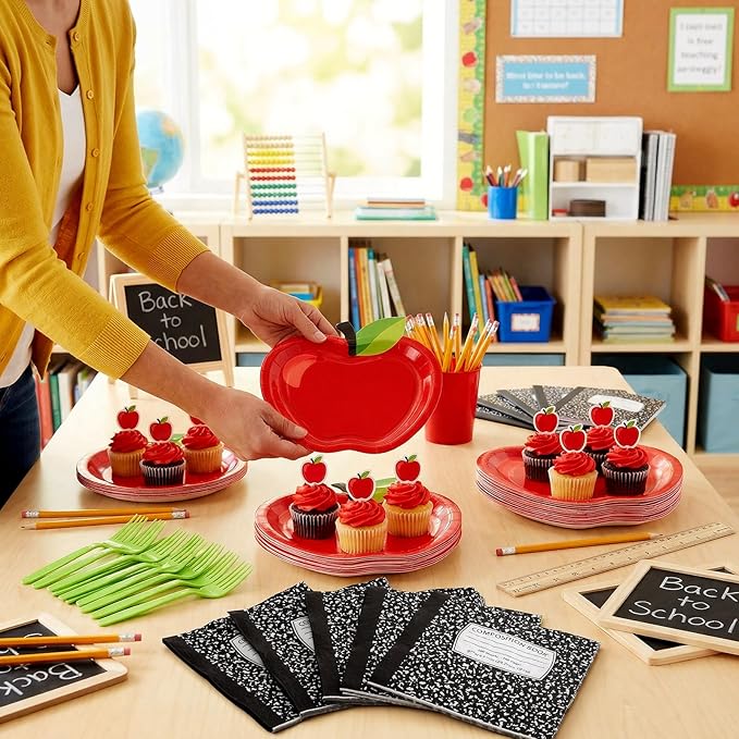 122 Pcs Back to School Party Supplies Set for 24 Guests, 9 Inch 7 Inch Apple Paper Plates Napkins and Forks School Theme Tableware Set for Teacher Appreciation Classroom Party Decorations