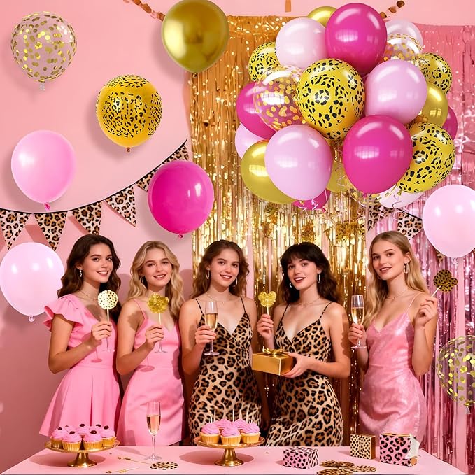 Hot Pink Cheetah Balloons, 60Pcs 12Inch Light Pink Metallic Gold & Leopard Print Balloons with Confetti Latex Balloon for Girl Women Birthday Bachelorette Baby Shower Safari Animal Theme Party Decor