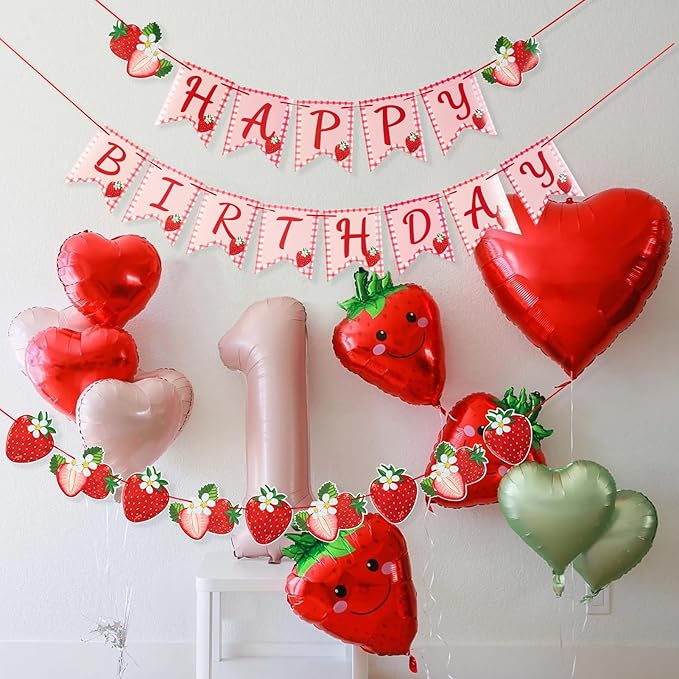 Paper Jazz Strawberry Hanging Banner Decorations，Red Fruit Banners Happy Birthday, Red Berry First Birthday Party Supplies for Theme 1st Birthday And Garden Party,Strawberry Themed Party Favors.