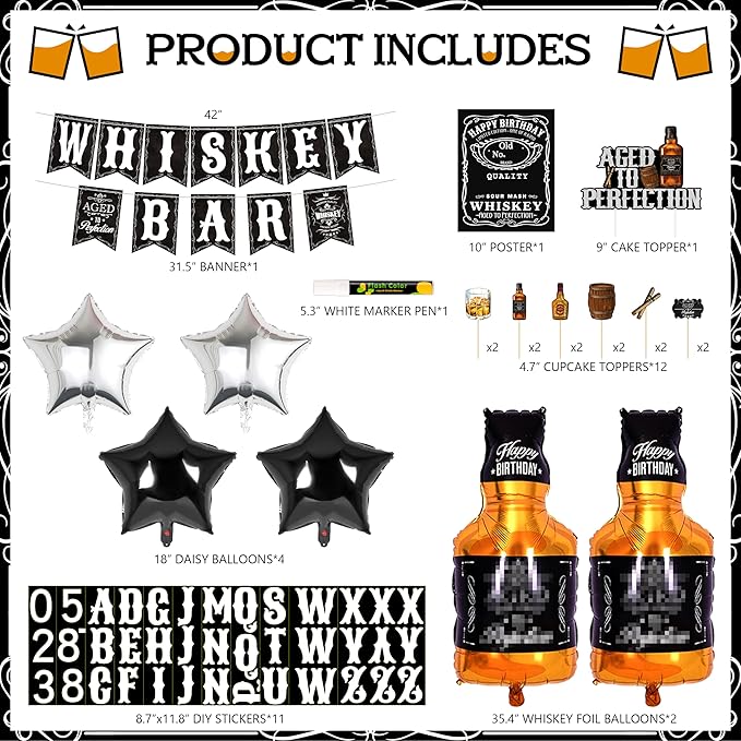 Whiskey Birthday Decorations for Men Aged to Perfection Birthday Party Supplies with Backdrop Tablecloth Whiskey Bar Banner Balloon Garland Poster for Men Adult Beer Party Decor