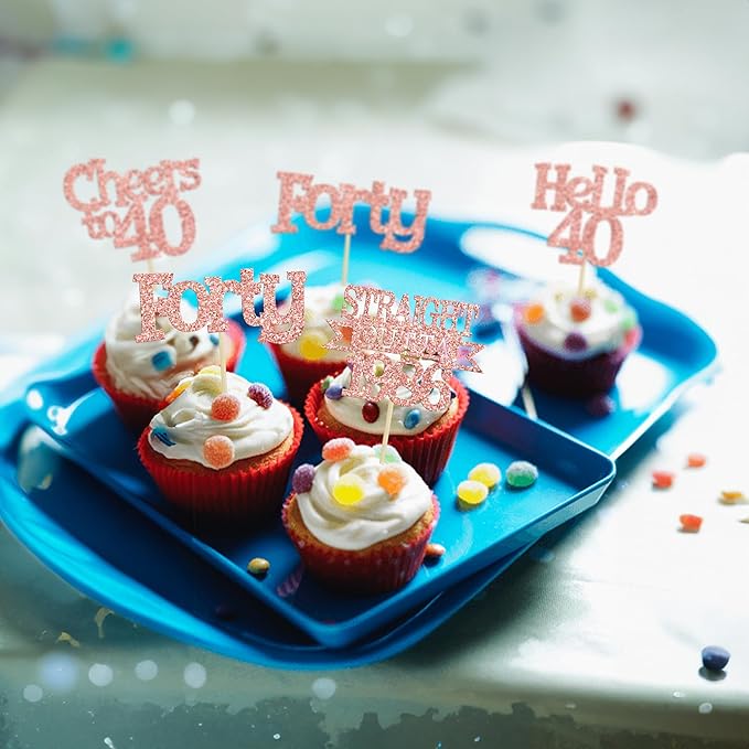 Ephlyn 24Pcs Happy 40th Birthday Cupcake Toppers Glitter Forty Cupcake Picks Hello 40 Cheers to 40 Years Birthday Cake Decorations for 40th Birthday Anniversary Party Supplies Rose Gold