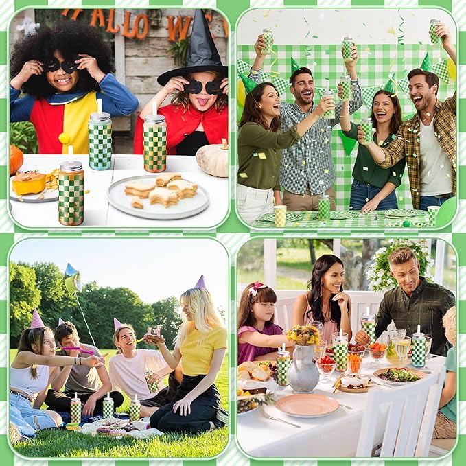 Patelai 24 Pack Sage Green Gingham Cups 13.5 oz Clear Green Checkered Plastic Cups with Lid and Straw Reusable Plastic Plaid Tumbler for Baby Shower Wedding Birthday Bachelor Party Supplies