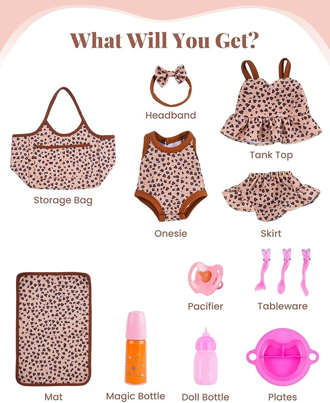 BABESIDE 13Pcs Baby Doll Clothes and Accessories for 10-12 inch Dolls, Baby Doll Feeding and Care Set with Carry Bag, Bottles, Tableware, Baby Doll Outfit for Doll Girl Boy (Leopard Pattern)