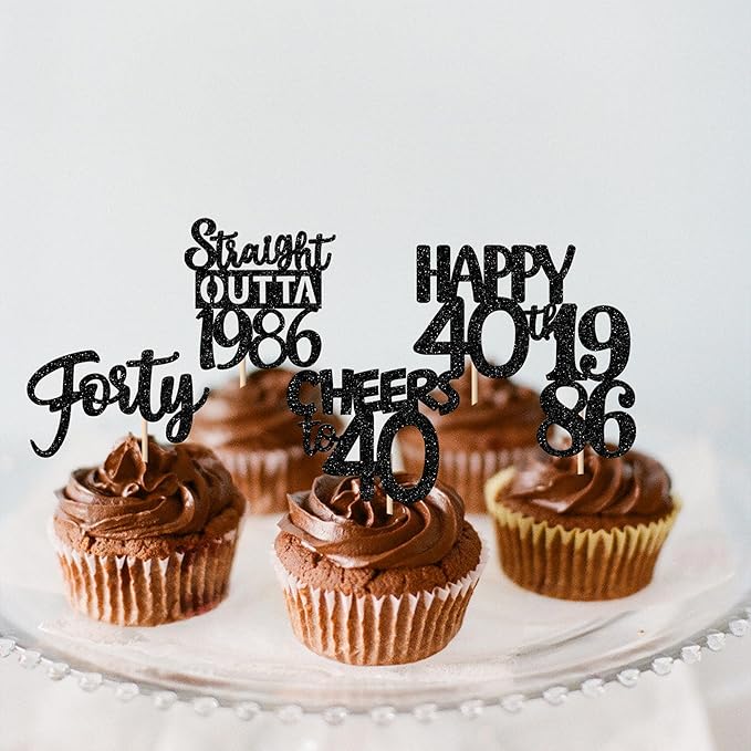 30PCS Black 40th Birthday Cupcake Toppers Glitter Forty Happy 40th Straight Outta 1986 Cupcake Picks for Cheers to 40 Years 40th Birthday Wedding Anniversary Party Decorations Supplies