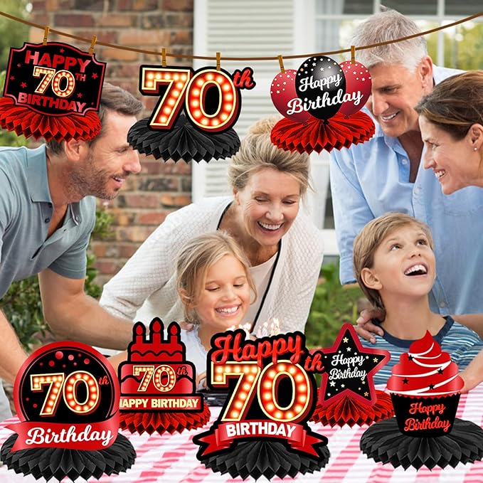 Happy 70th Birthday Red and Black Table Honeycomb Centerpieces Balloons Theme Decor Table Decorations Table Toppers for Girls Women Princess 70 Years Old Birthday Party Bday Supplies Background Gold