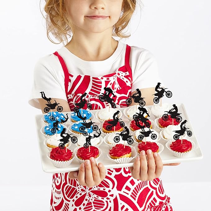 24 PCS Motorcycle Cupcake Toppers Black Glitter Motocross Dirt Bike Party Cupcake Picks for Sports Motocross Theme Man Boy Birthday Party Cake Decorations Supplies