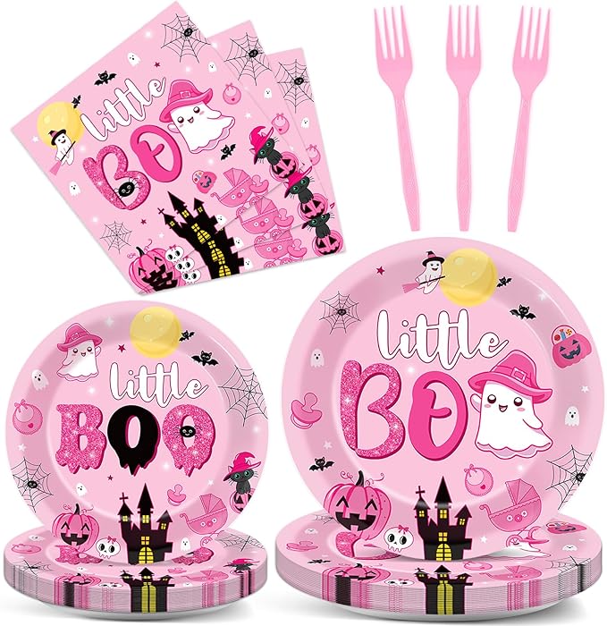 ZOIIWA 96PCS Halloween Little Boo Baby Shower Party Tableware Set for Girls Ghost Party Supplies for 24 Guests Disposable Pink and Black Boo Dinnerware Plates Napkins Forks for Halloween Party Favors