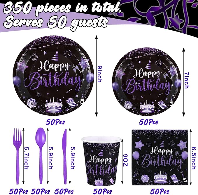 Vesici 350 Pcs Happy Birthday Party Supplies Disposable Party Tableware Set Serves 50 Included Plates Napkins Cups Cutlery for Men Woman 50th 80th Birthday Party Decorations (Black Purple)